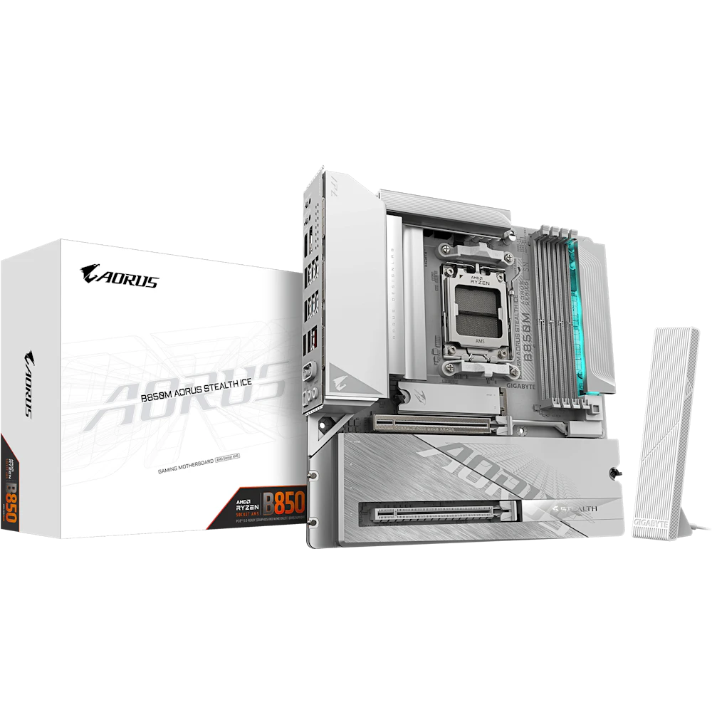 A large main feature product image of Gigabyte B850M AORUS STEALTH ICE AM5 mATX Desktop Motherboard