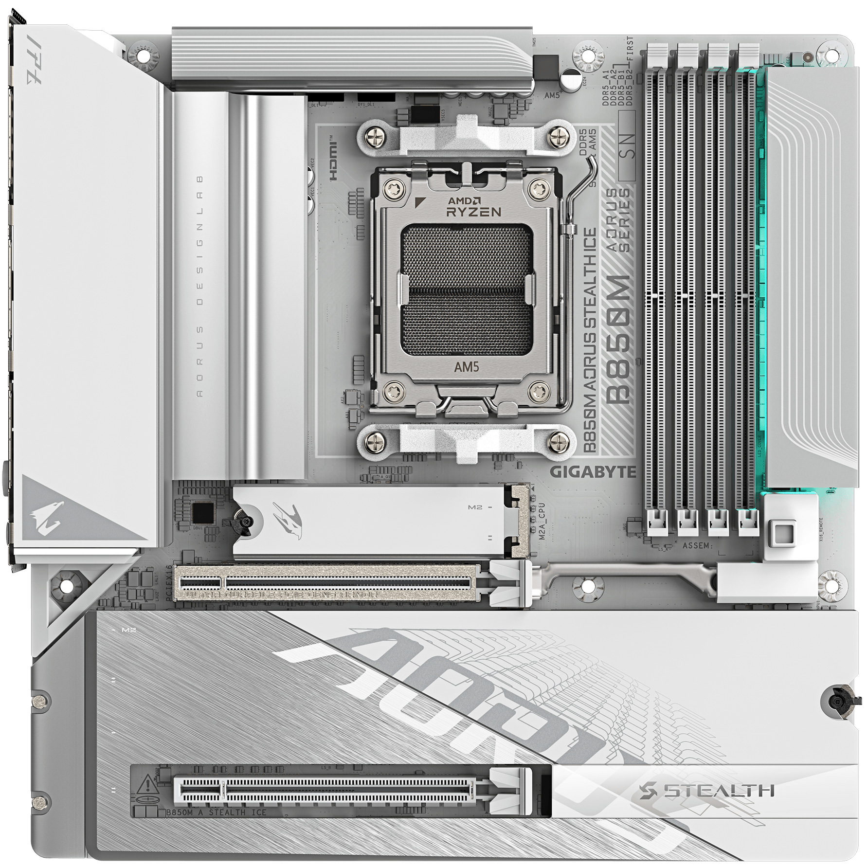 A large main feature product image of Gigabyte B850M AORUS STEALTH ICE AM5 mATX Desktop Motherboard