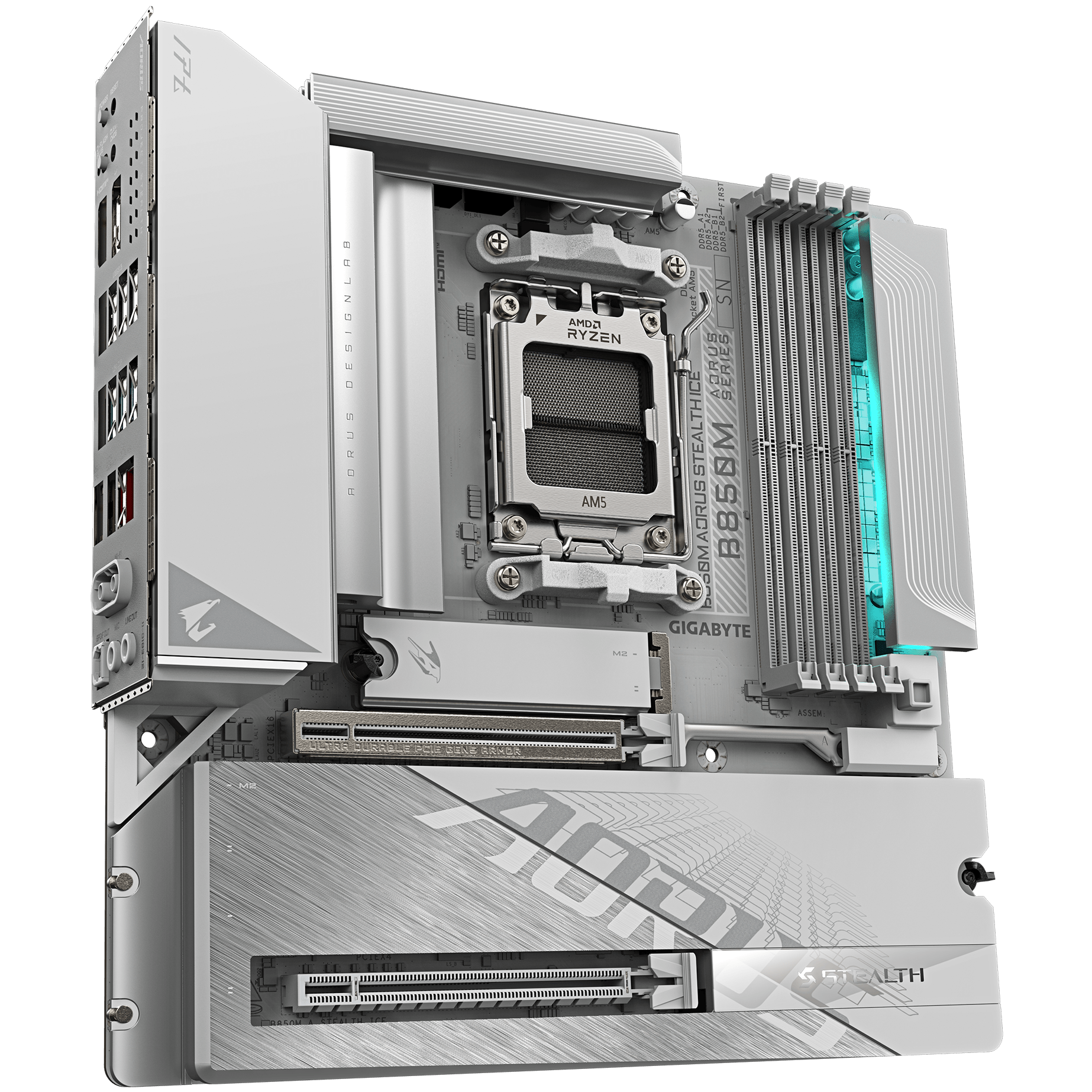 A large main feature product image of Gigabyte B850M AORUS STEALTH ICE AM5 mATX Desktop Motherboard