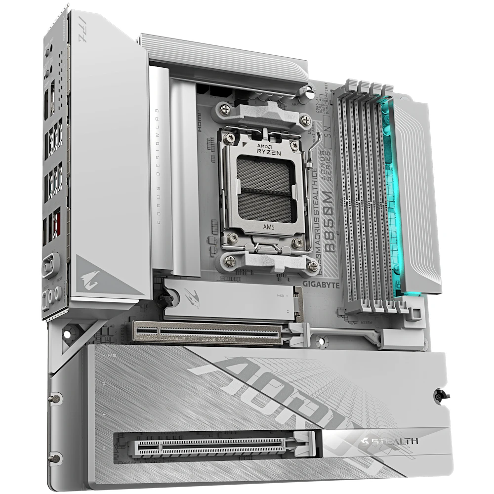 A large main feature product image of Gigabyte B850M AORUS STEALTH ICE AM5 mATX Desktop Motherboard