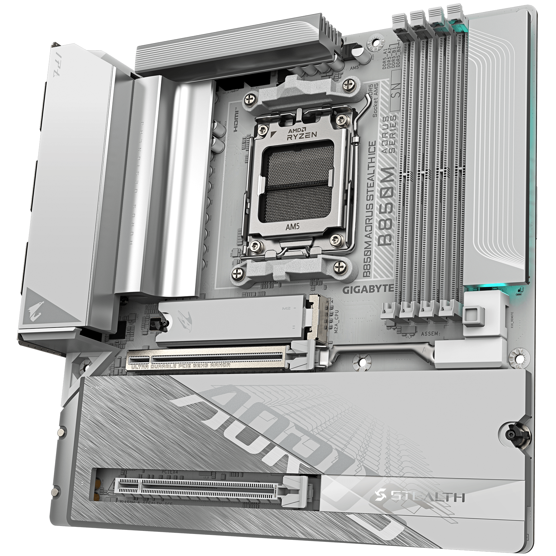 A large main feature product image of Gigabyte B850M AORUS STEALTH ICE AM5 mATX Desktop Motherboard