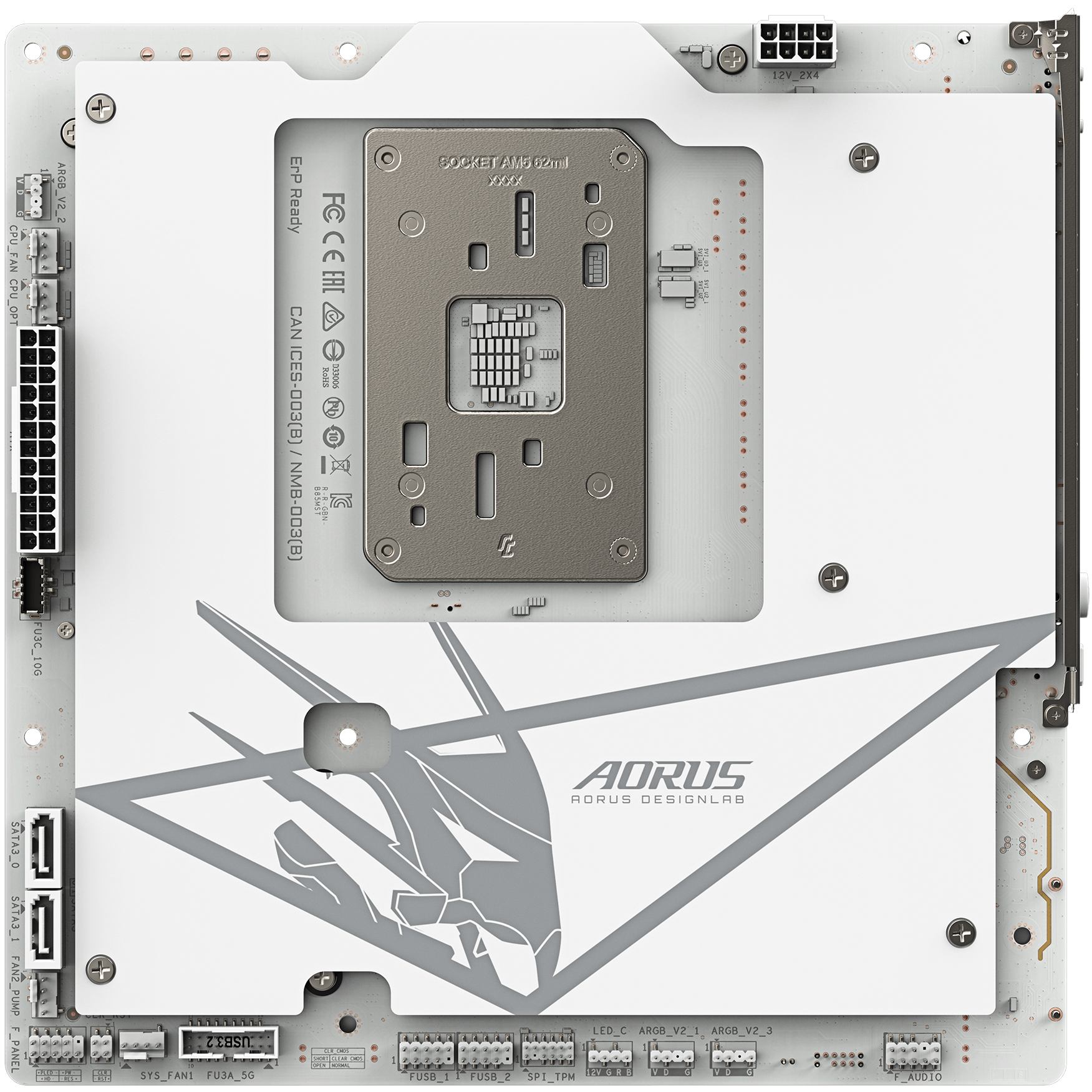 A large main feature product image of Gigabyte B850M AORUS STEALTH ICE AM5 mATX Desktop Motherboard