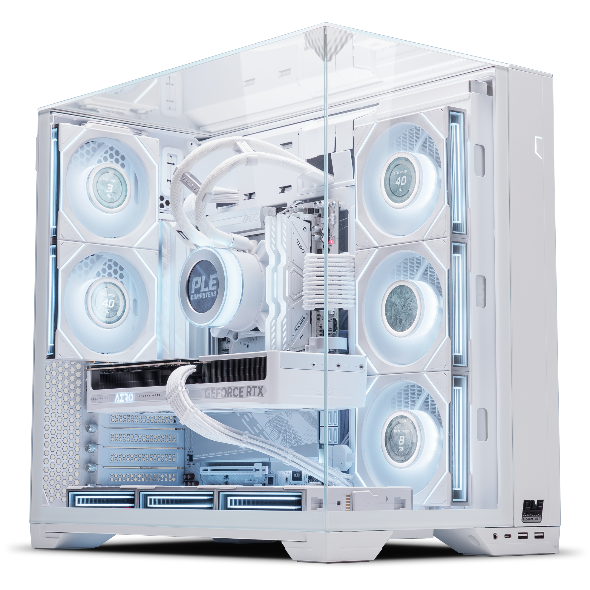 A large main feature product image of PLE Vision RTX 5080 Prebuilt Ready To Go Gaming PC