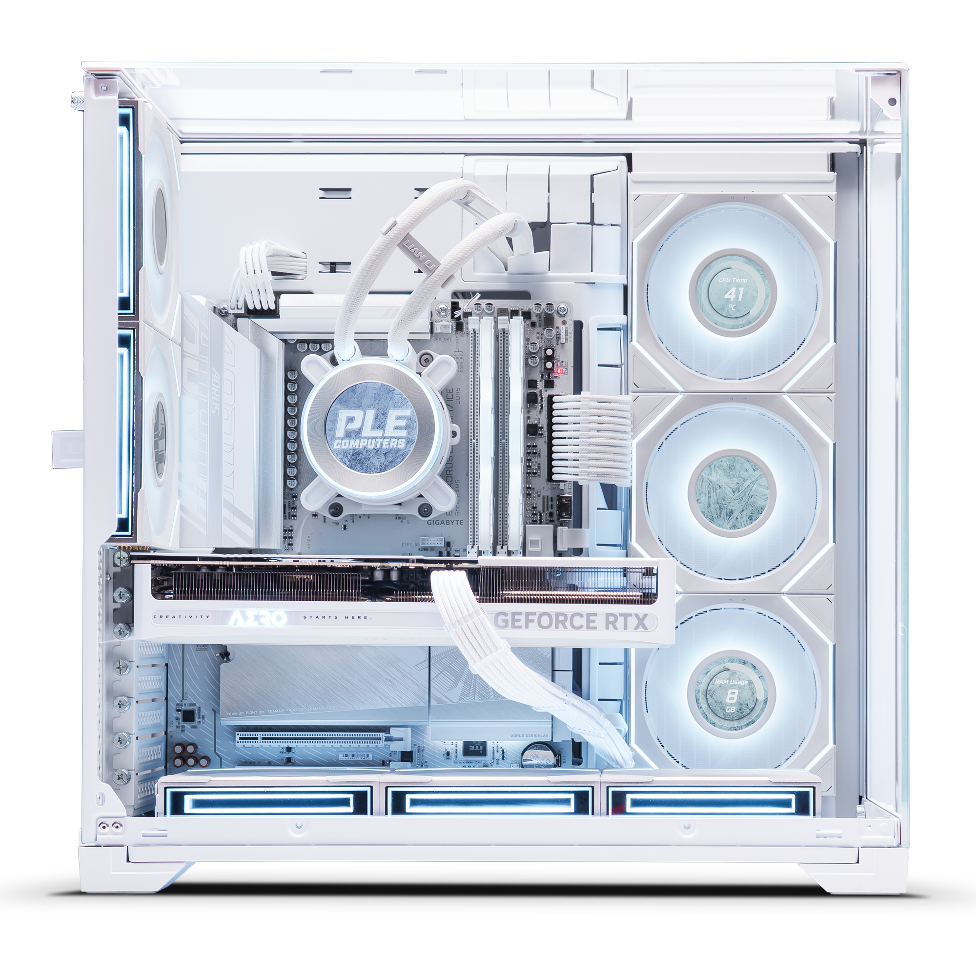 A large main feature product image of PLE Vision RTX 5080 Prebuilt Ready To Go Gaming PC
