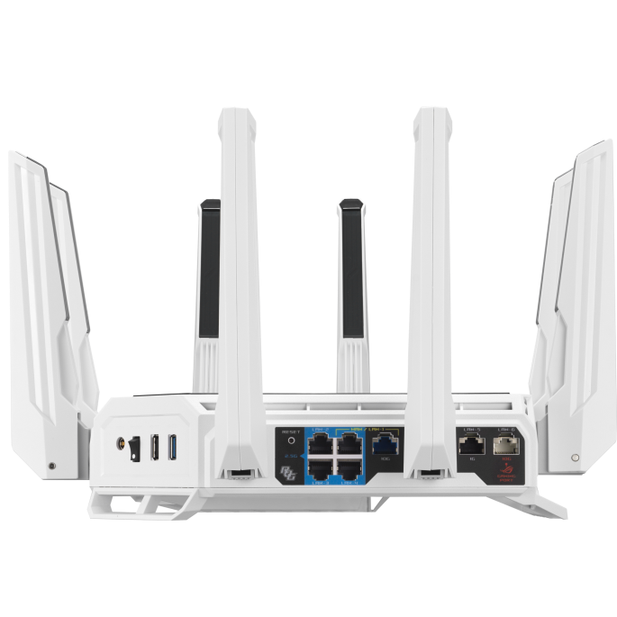 A large main feature product image of EX-DEMO ASUS ROG Rapture GT-BE19000AI Tri-Band WiFi 7 AI Gaming Router