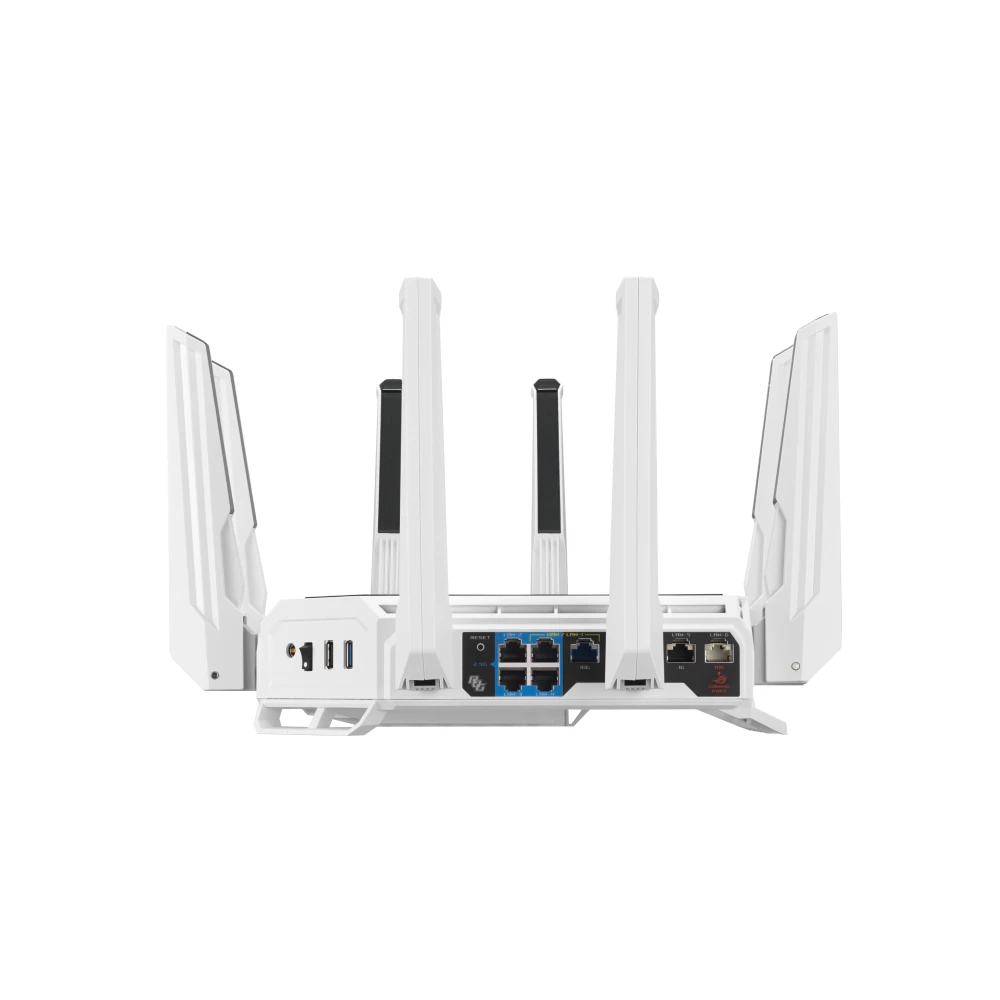 A large main feature product image of EX-DEMO ASUS ROG Rapture GT-BE19000AI Tri-Band WiFi 7 AI Gaming Router
