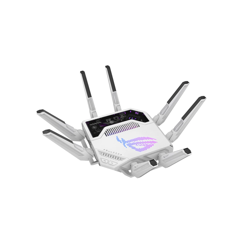 A large main feature product image of EX-DEMO ASUS ROG Rapture GT-BE19000AI Tri-Band WiFi 7 AI Gaming Router