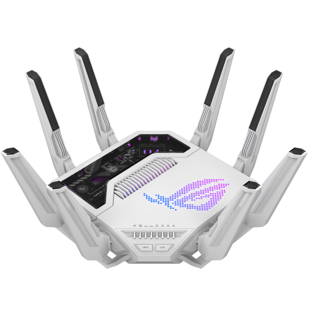 A large main feature product image of EX-DEMO ASUS ROG Rapture GT-BE19000AI Tri-Band WiFi 7 AI Gaming Router