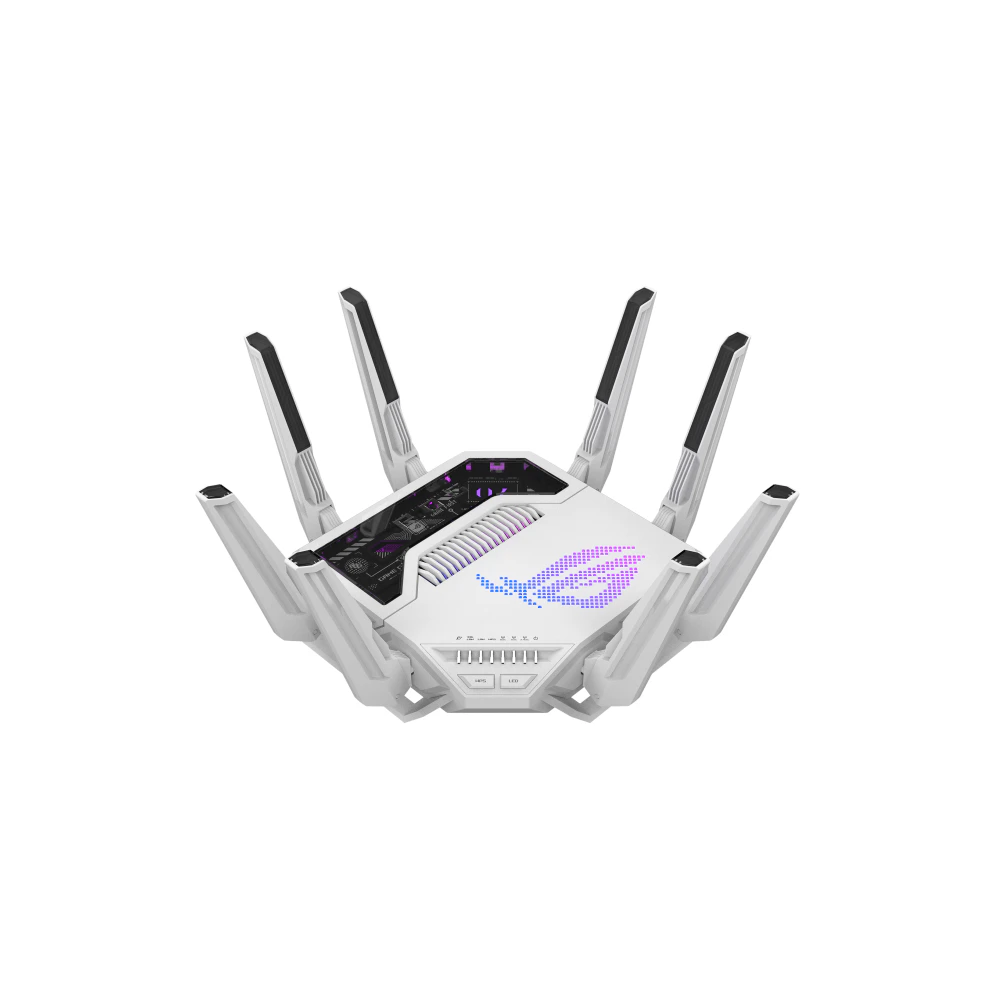 A large main feature product image of EX-DEMO ASUS ROG Rapture GT-BE19000AI Tri-Band WiFi 7 AI Gaming Router