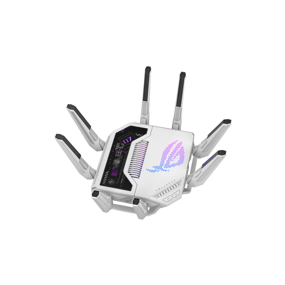 A large main feature product image of EX-DEMO ASUS ROG Rapture GT-BE19000AI Tri-Band WiFi 7 AI Gaming Router