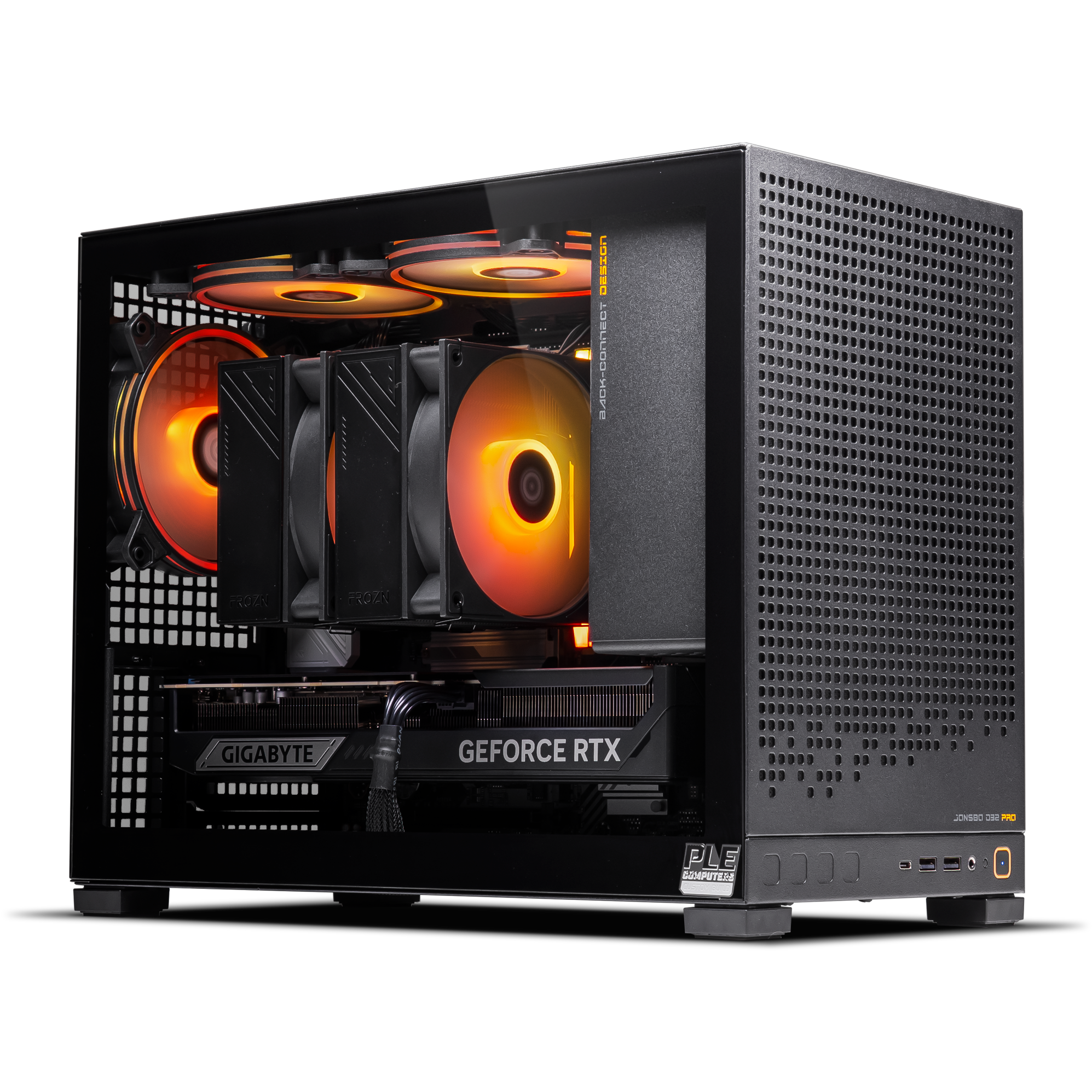 A large main feature product image of PLE Flare RTX 5080 Prebuilt Ready To Go Gaming PC