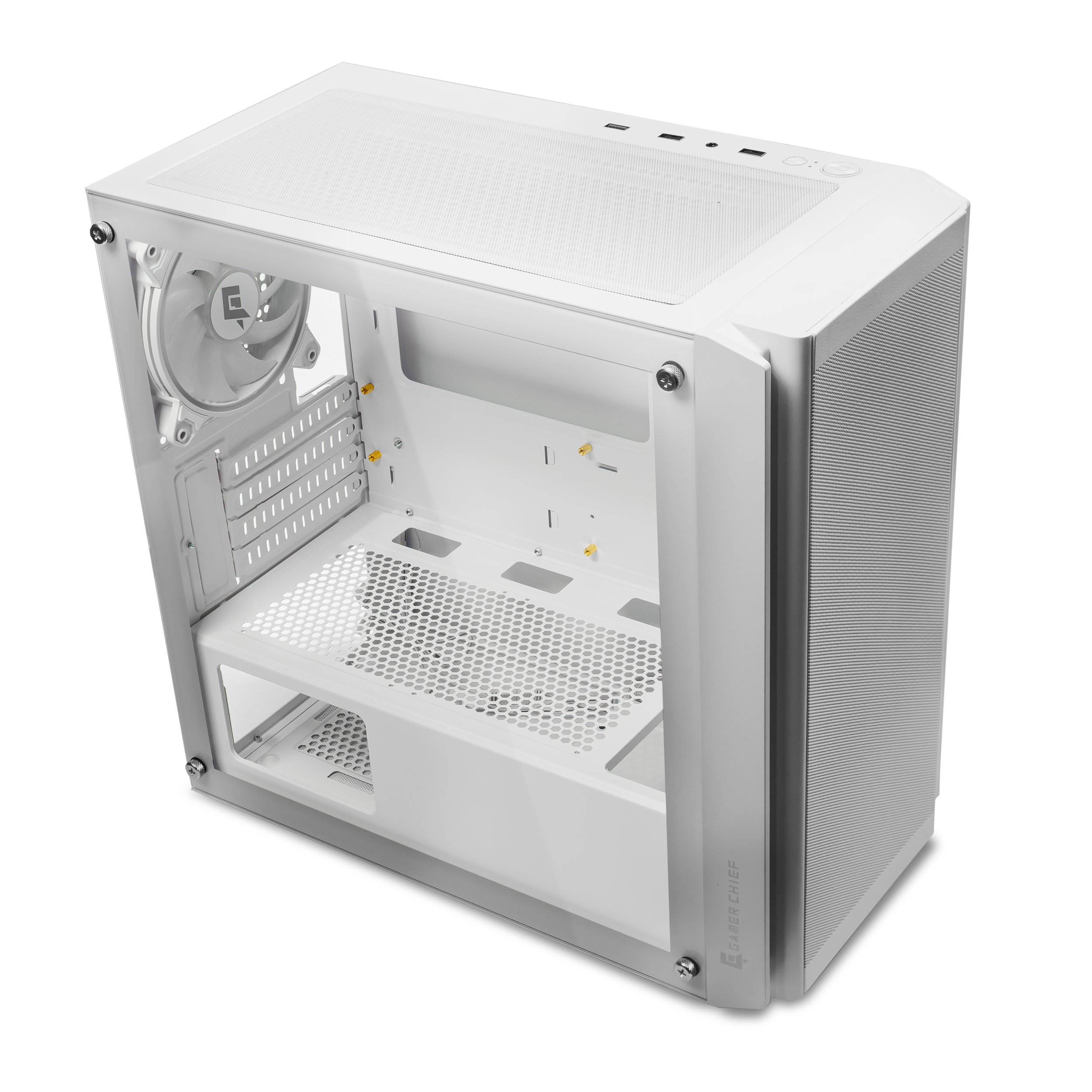 A large main feature product image of EX-DEMO GamerChief Mesh G40 mATX Case (White)
