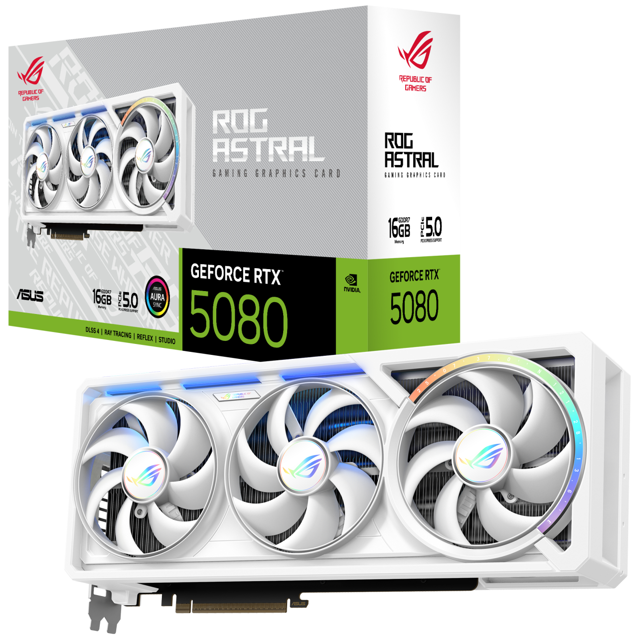 A large main feature product image of ASUS GeForce RTX 5080 ROG Astral 16GB GDDR7 (White)