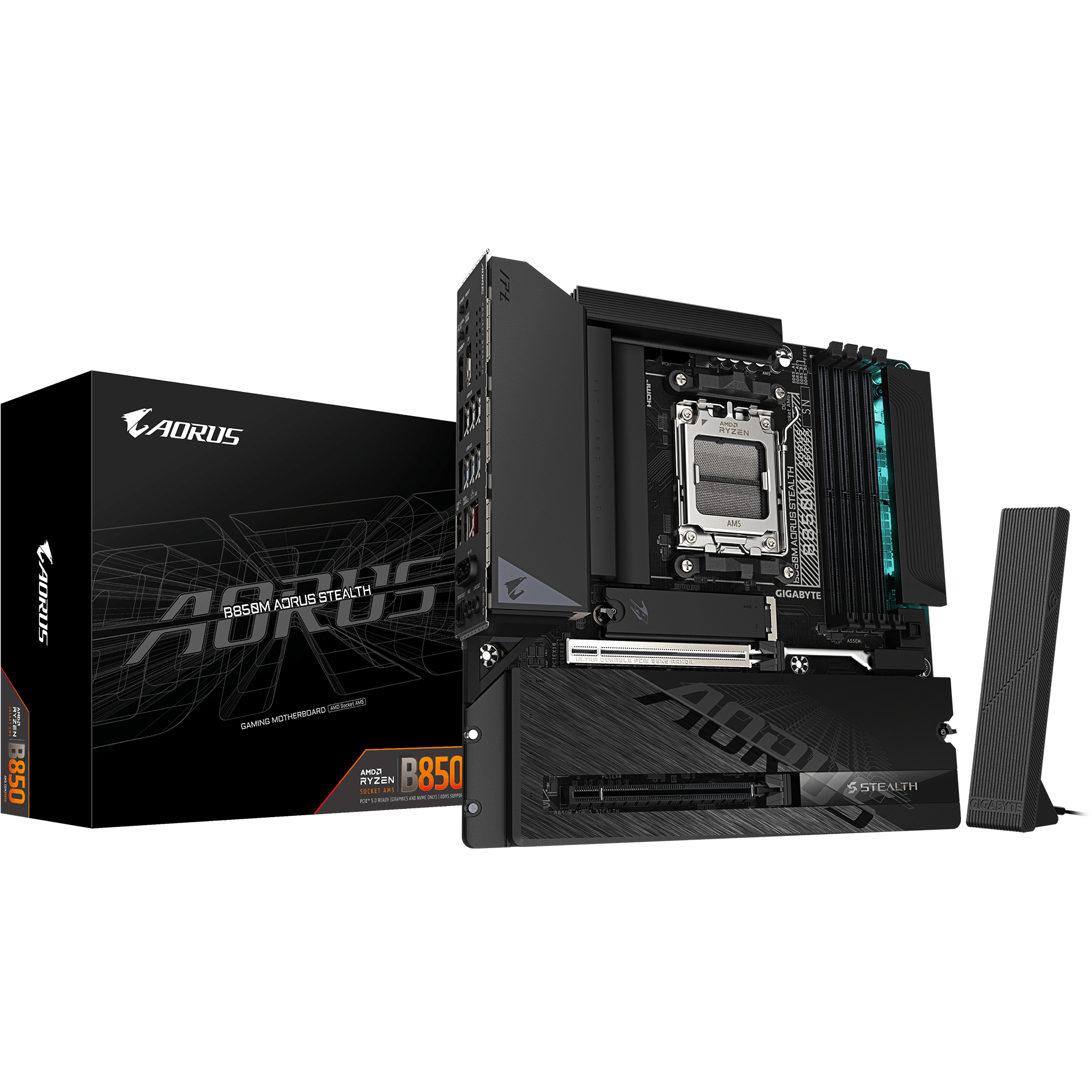 A large main feature product image of Gigabyte B850M AORUS STEALTH AM5 mATX Desktop Motherboard