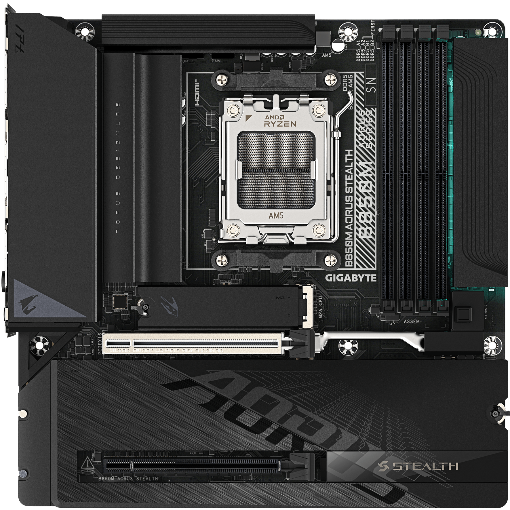 A large main feature product image of Gigabyte B850M AORUS STEALTH AM5 mATX Desktop Motherboard