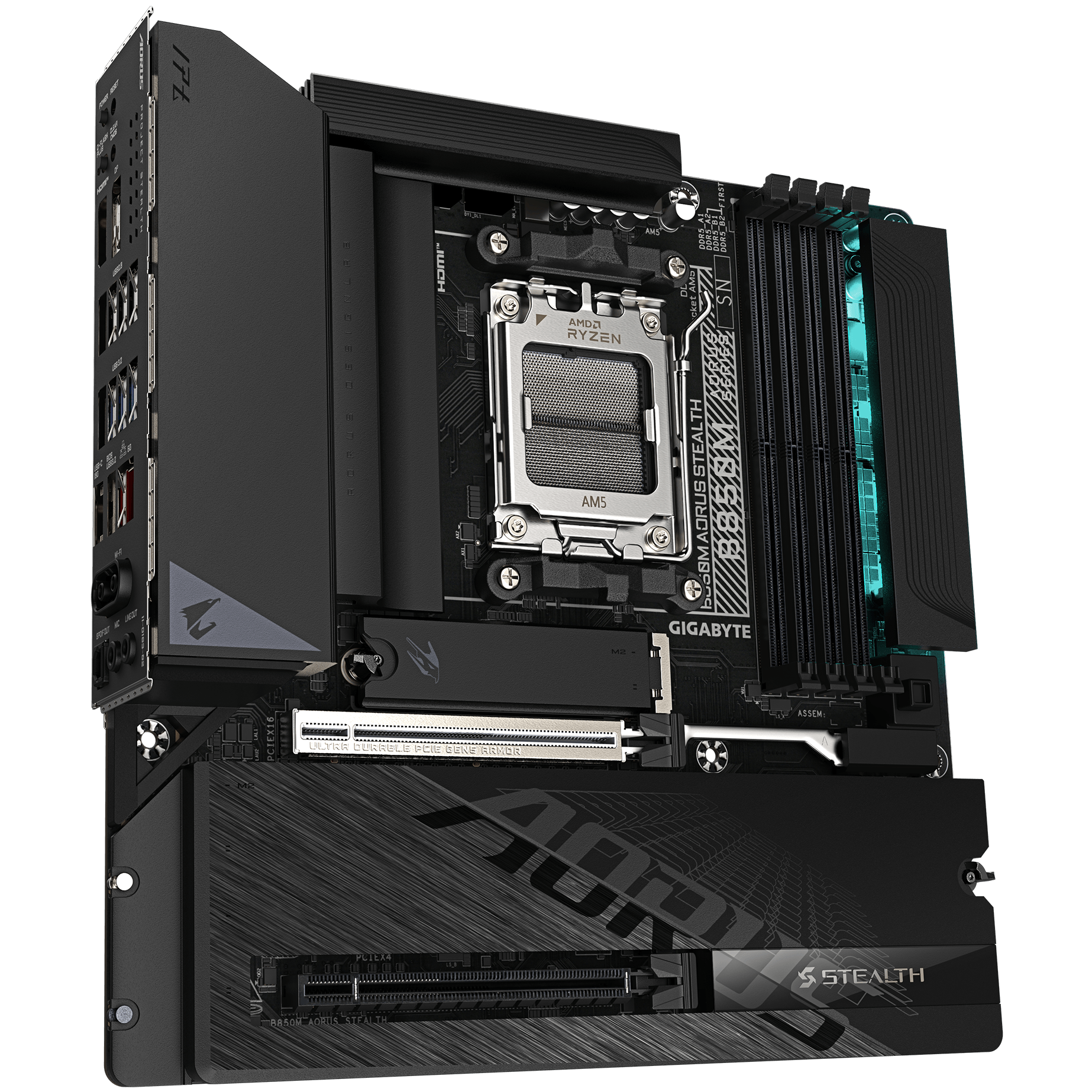 A large main feature product image of Gigabyte B850M AORUS STEALTH AM5 mATX Desktop Motherboard