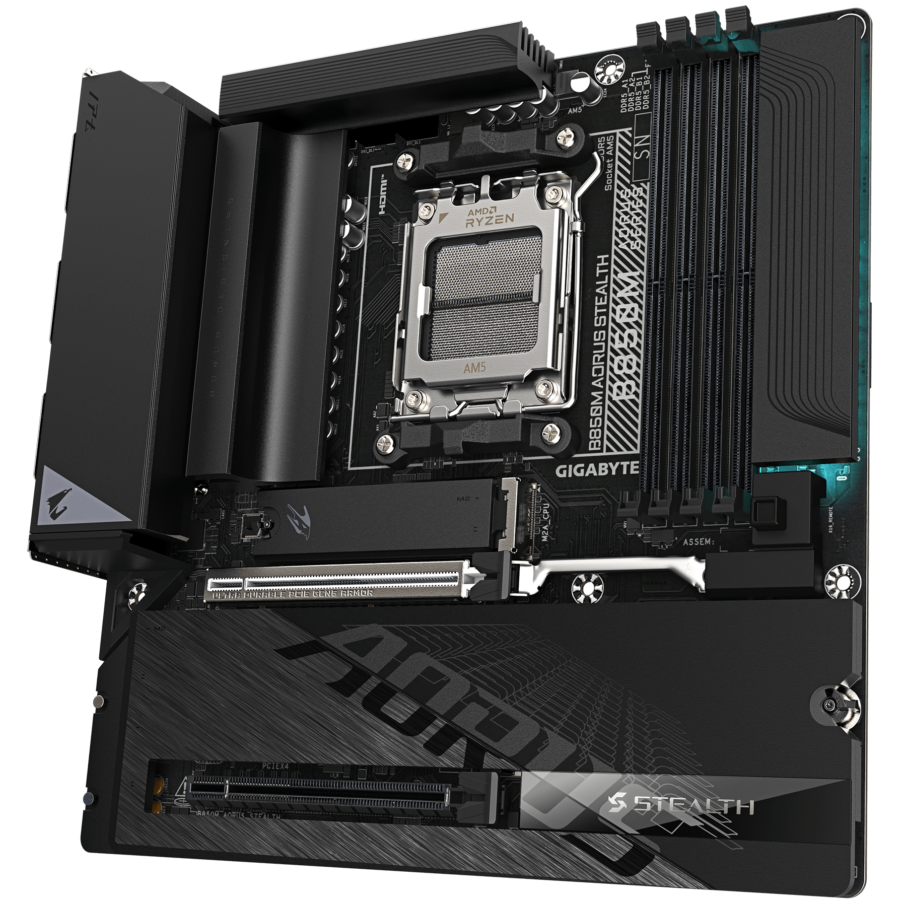 A large main feature product image of Gigabyte B850M AORUS STEALTH AM5 mATX Desktop Motherboard