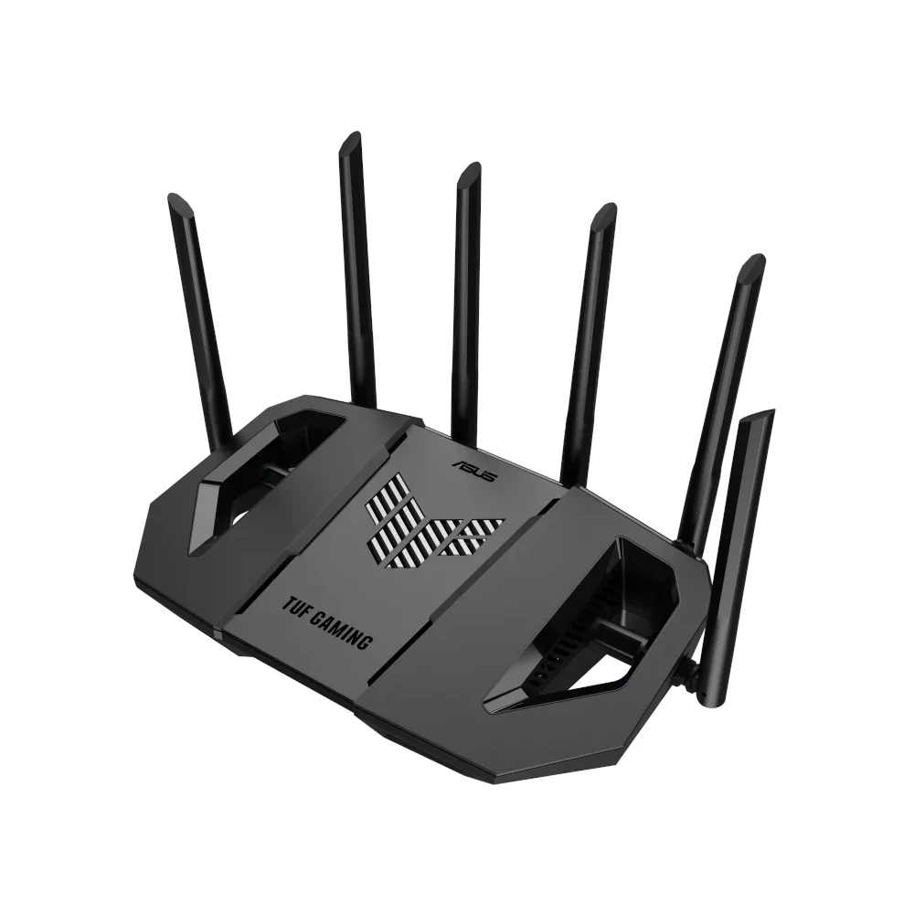 A large main feature product image of EX-DEMO ASUS TUF Gaming BE9400 Tri Band WiFi 7 Gaming Router