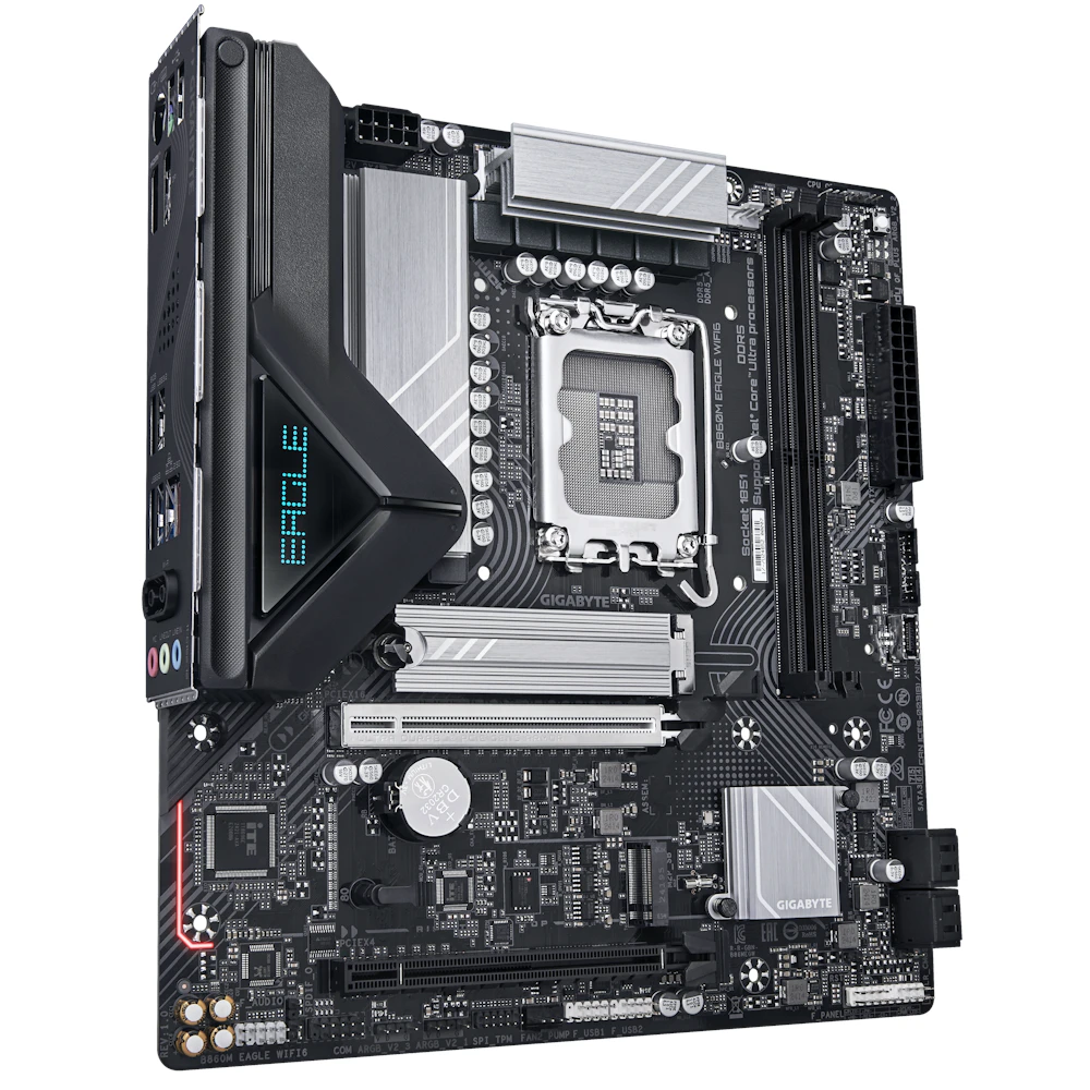 A large main feature product image of EX-DEMO Gigabyte B860M EAGLE WiFi6 LGA1851 mATX Desktop Motherboard