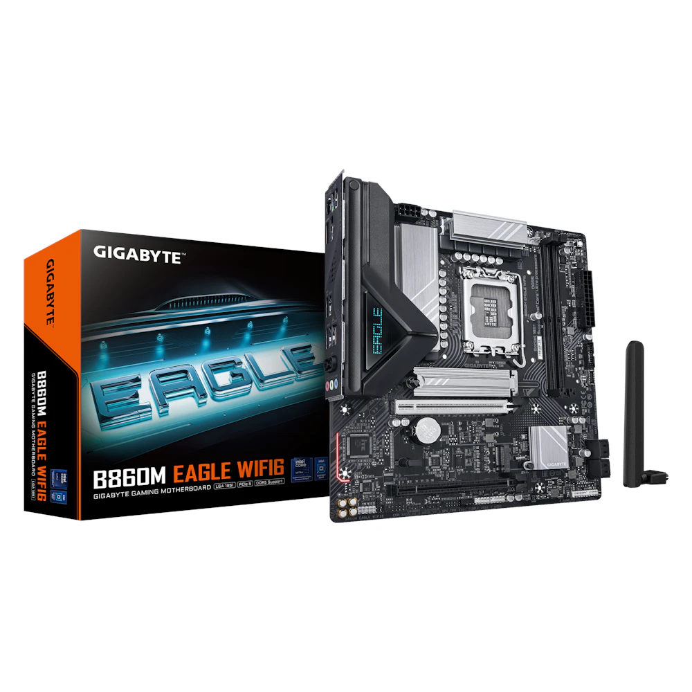 A large main feature product image of EX-DEMO Gigabyte B860M EAGLE WiFi6 LGA1851 mATX Desktop Motherboard