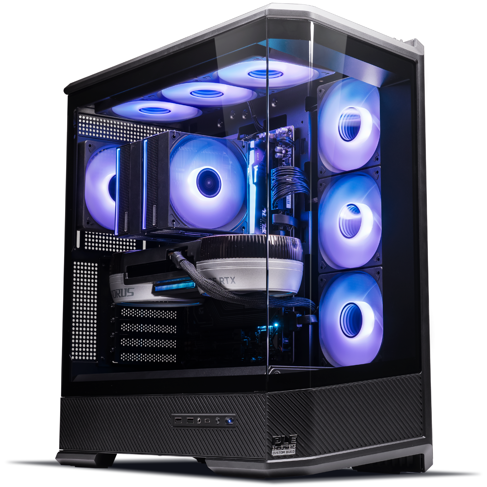 A large main feature product image of PLE Quantum RTX 5090 Prebuilt Ready To Go Gaming PC