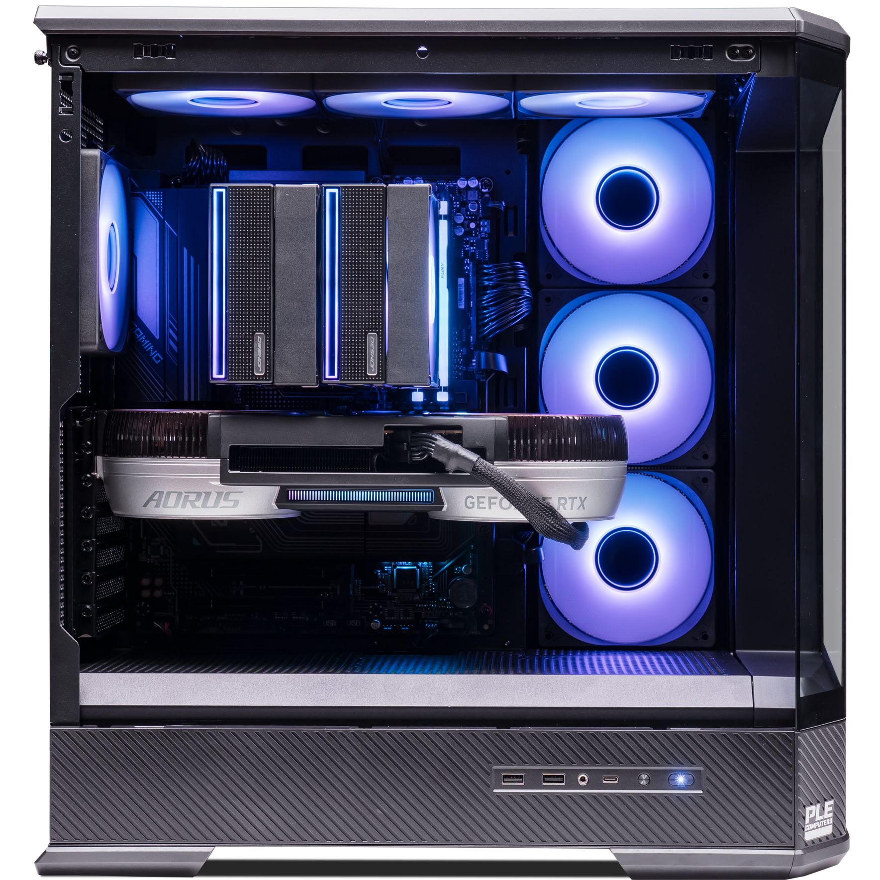 A large main feature product image of PLE Quantum RTX 5090 Prebuilt Ready To Go Gaming PC