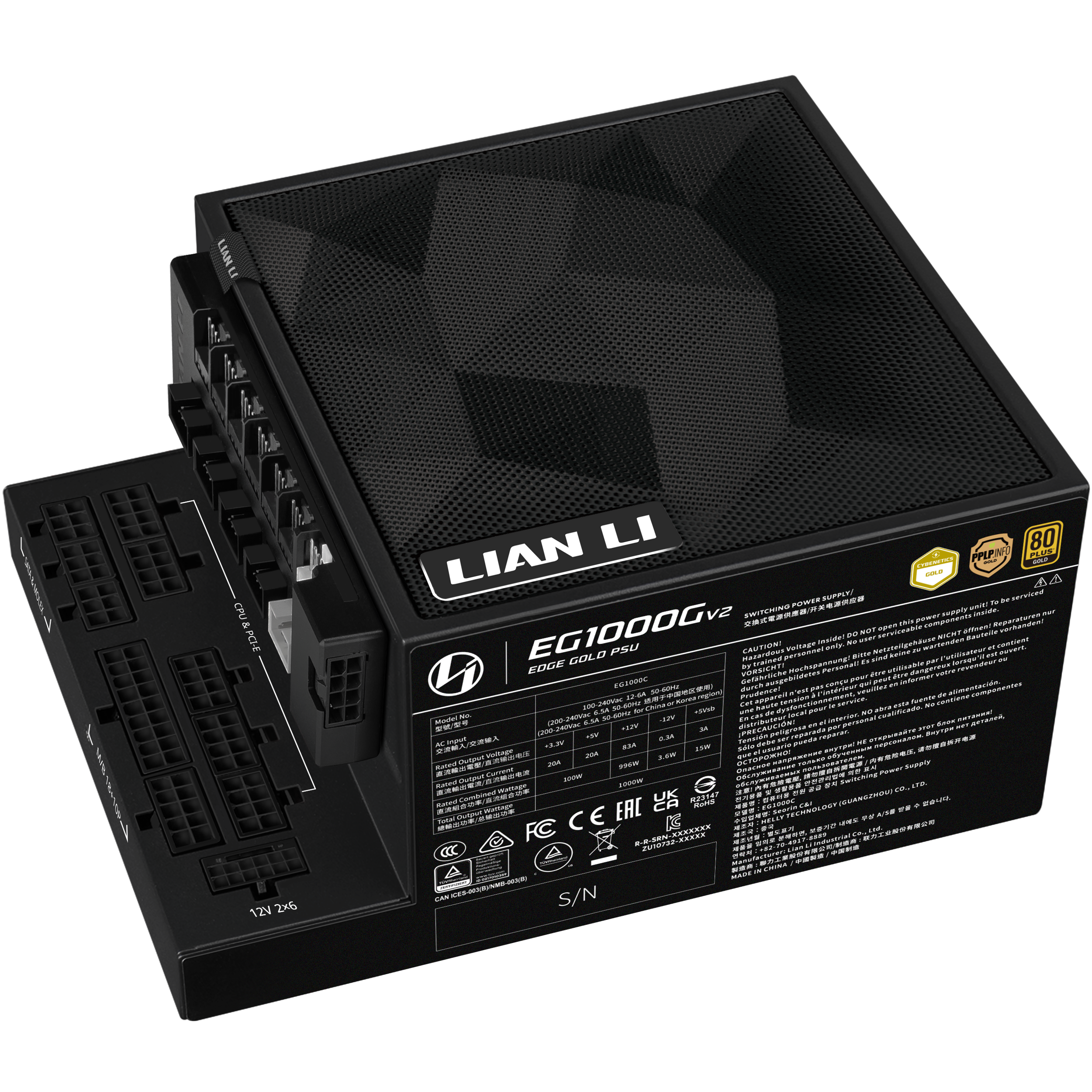 A large main feature product image of Lian Li Edge V2 1000W Gold PCIe 5.1 ATX 3.1 Modular PSU w/ Edge Hub (Black)