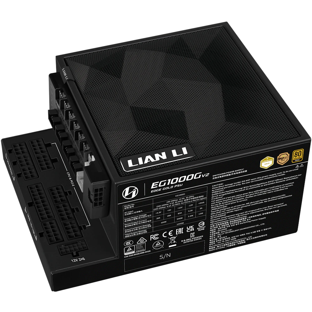 A large main feature product image of Lian Li Edge V2 1000W Gold PCIe 5.1 ATX 3.1 Modular PSU w/ Edge Hub (Black)