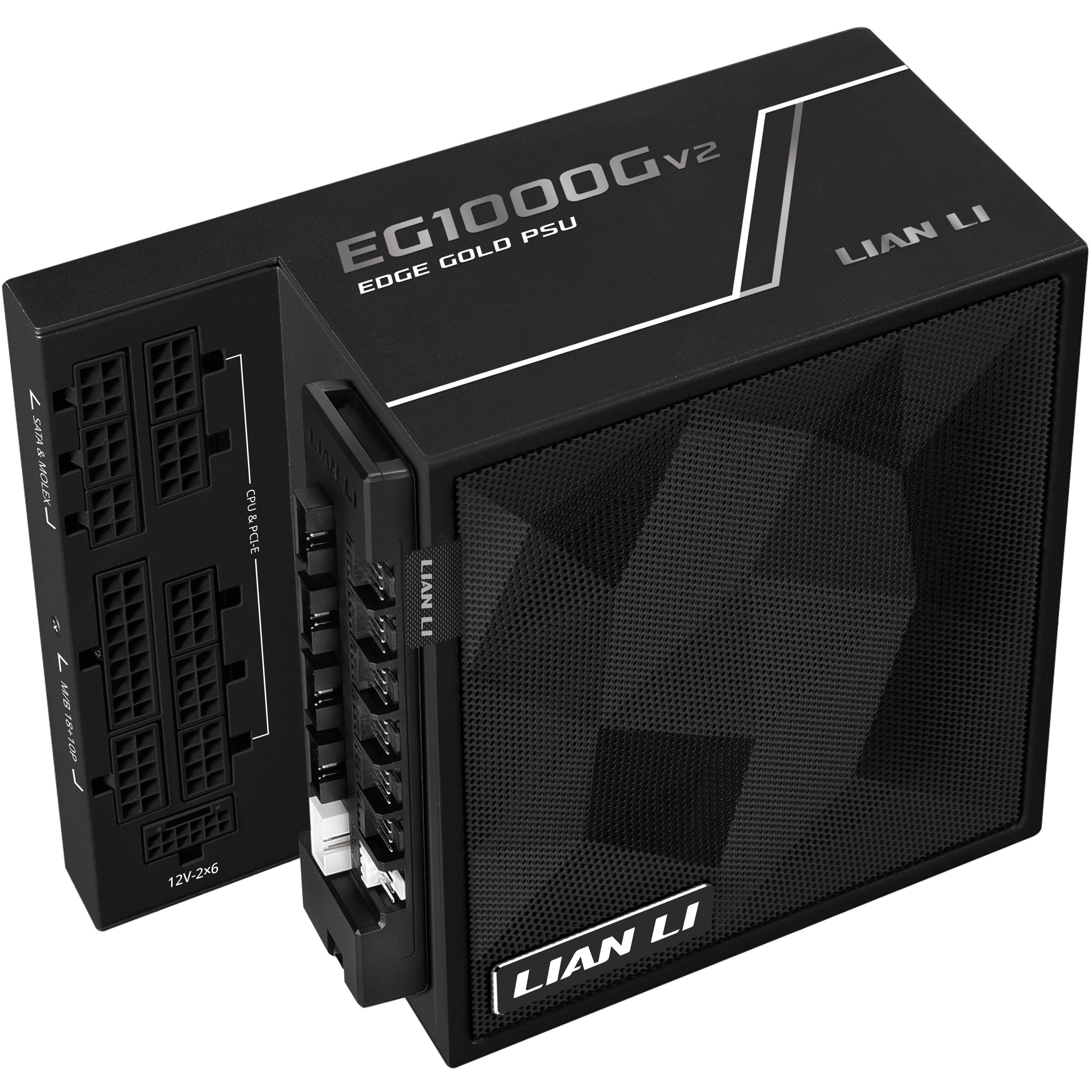 A large main feature product image of Lian Li Edge V2 1000W Gold PCIe 5.1 ATX 3.1 Modular PSU w/ Edge Hub (Black)