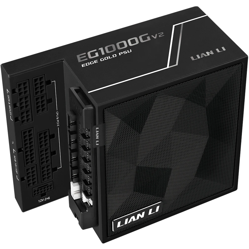 A large main feature product image of Lian Li Edge V2 1000W Gold PCIe 5.1 ATX 3.1 Modular PSU w/ Edge Hub (Black)