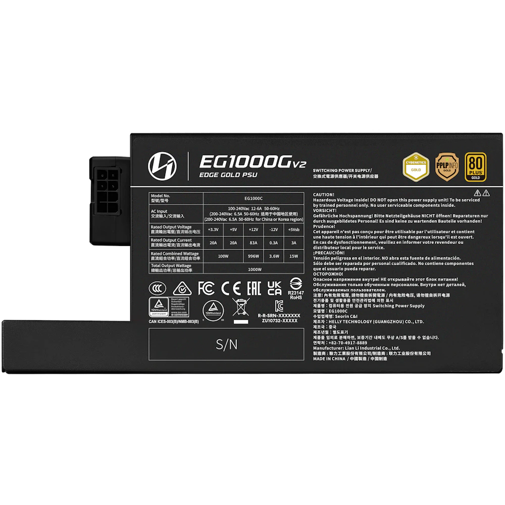 A large main feature product image of Lian Li Edge V2 1000W Gold PCIe 5.1 ATX 3.1 Modular PSU w/ Edge Hub (Black)