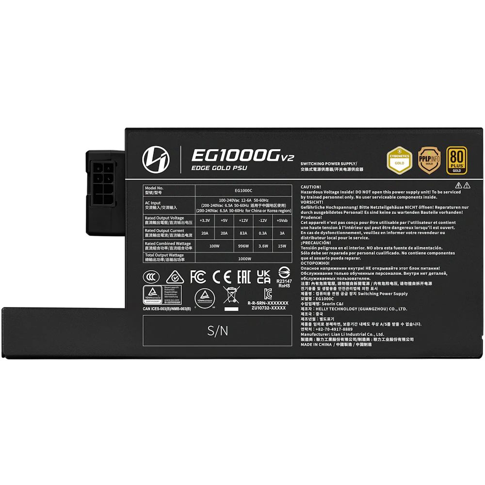 A large main feature product image of Lian Li Edge V2 1000W Gold PCIe 5.1 ATX 3.1 Modular PSU w/ Edge Hub (Black)