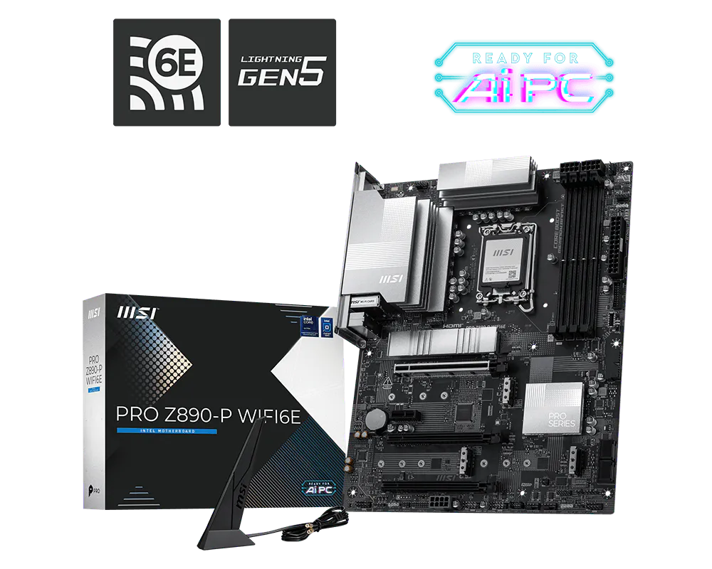 A large main feature product image of MSI PRO Z890-P WIFI6E LGA1851 ATX Desktop Motherboard