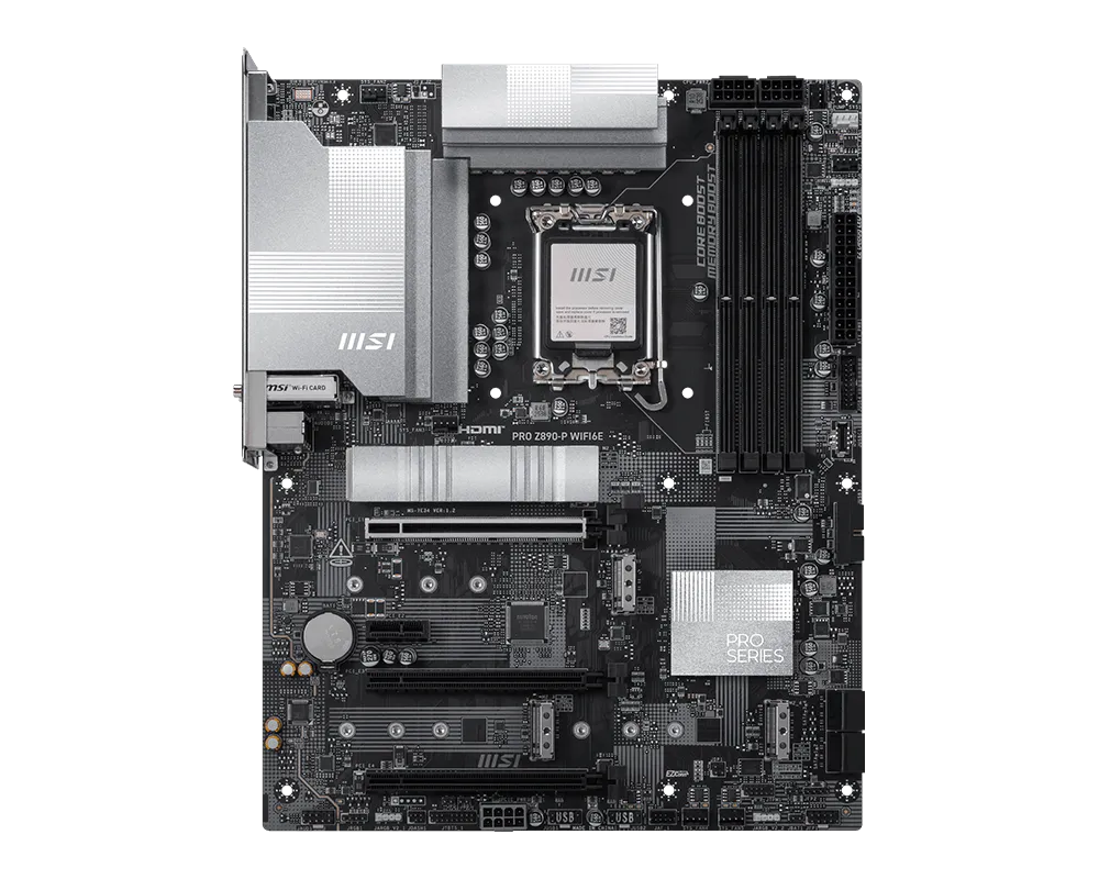 A large main feature product image of MSI PRO Z890-P WIFI6E LGA1851 ATX Desktop Motherboard