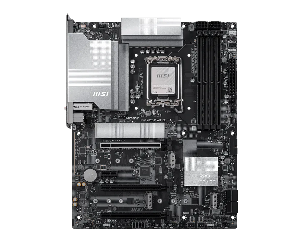 A large main feature product image of MSI PRO Z890-P WIFI6E LGA1851 ATX Desktop Motherboard