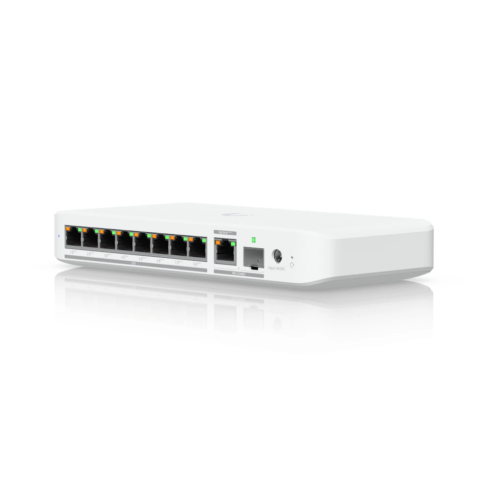 A large main feature product image of EX-DEMO Ubiquiti UniFi Flex 8-Port 2.5GbE PoE++ Switch