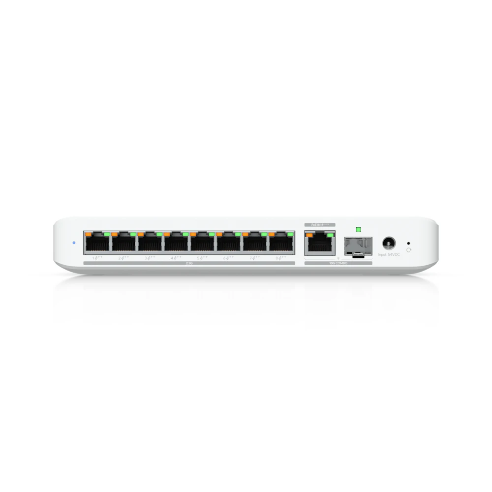 A large main feature product image of EX-DEMO Ubiquiti UniFi Flex 8-Port 2.5GbE PoE++ Switch