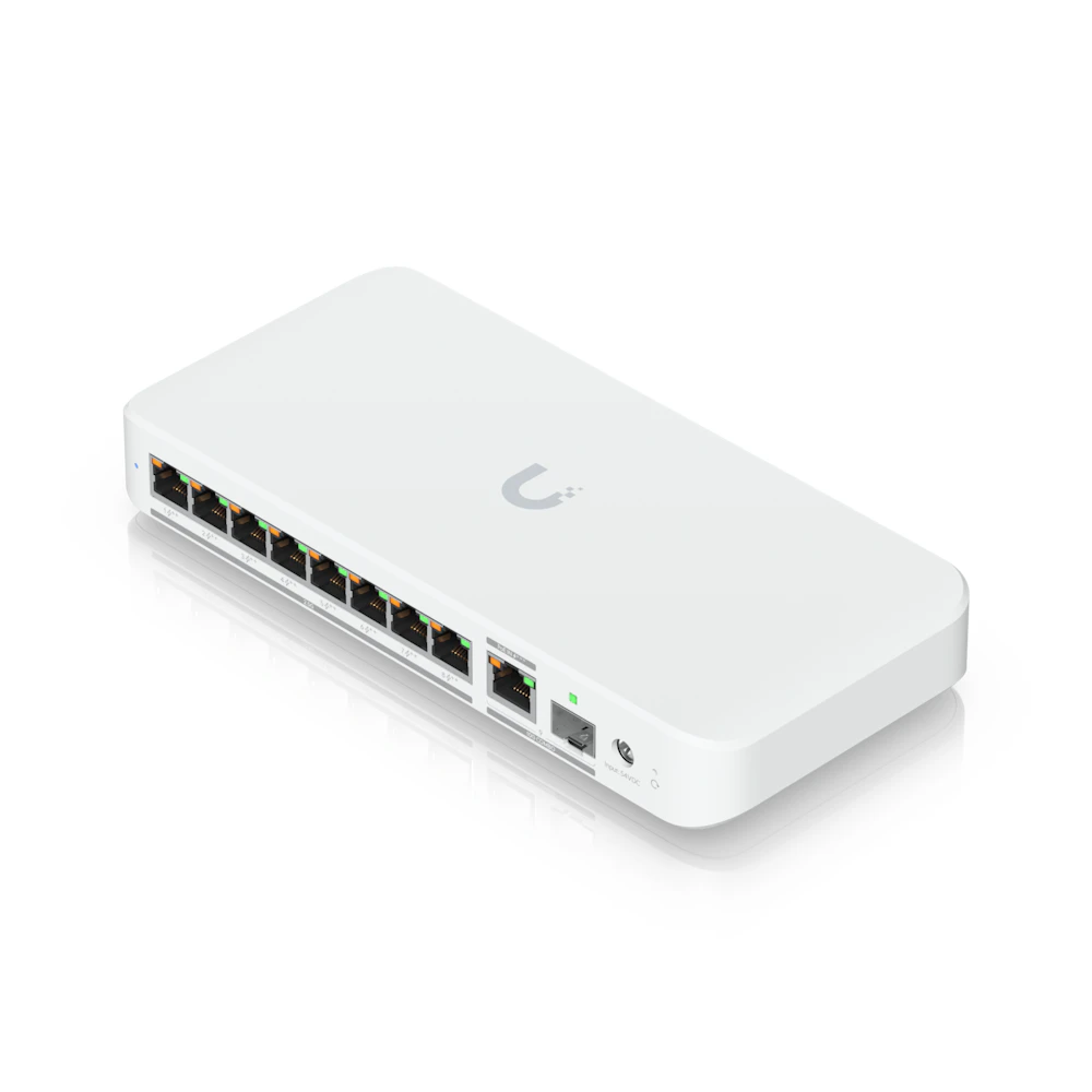 A large main feature product image of EX-DEMO Ubiquiti UniFi Flex 8-Port 2.5GbE PoE++ Switch