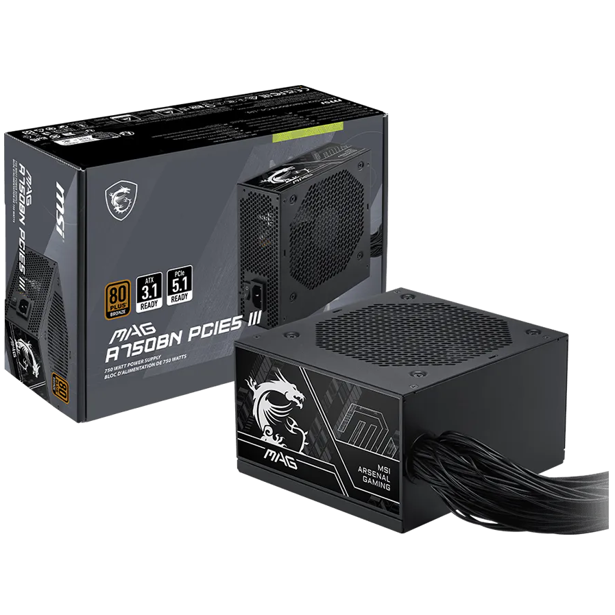 A large main feature product image of EX-DEMO MSI MAG A750BN PCIE5 III - 750W Bronze PCIe 5.1 ATX 3.1 PSU