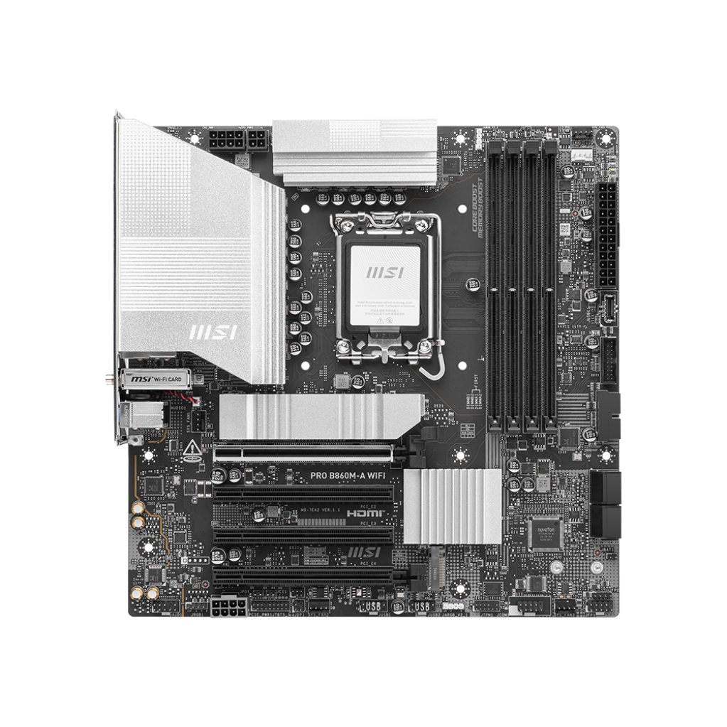 A large main feature product image of EX-DEMO MSI PRO B860M-A WIFI LGA1851 mATX Desktop Motherboard