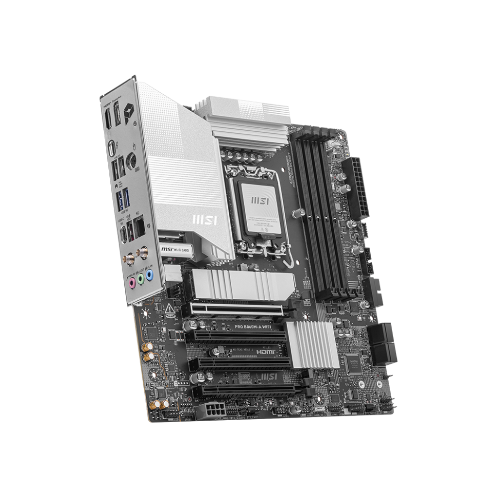 A large main feature product image of EX-DEMO MSI PRO B860M-A WIFI LGA1851 mATX Desktop Motherboard