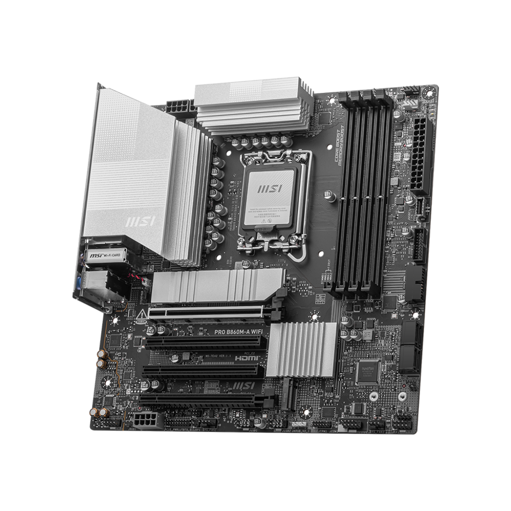 A large main feature product image of EX-DEMO MSI PRO B860M-A WIFI LGA1851 mATX Desktop Motherboard