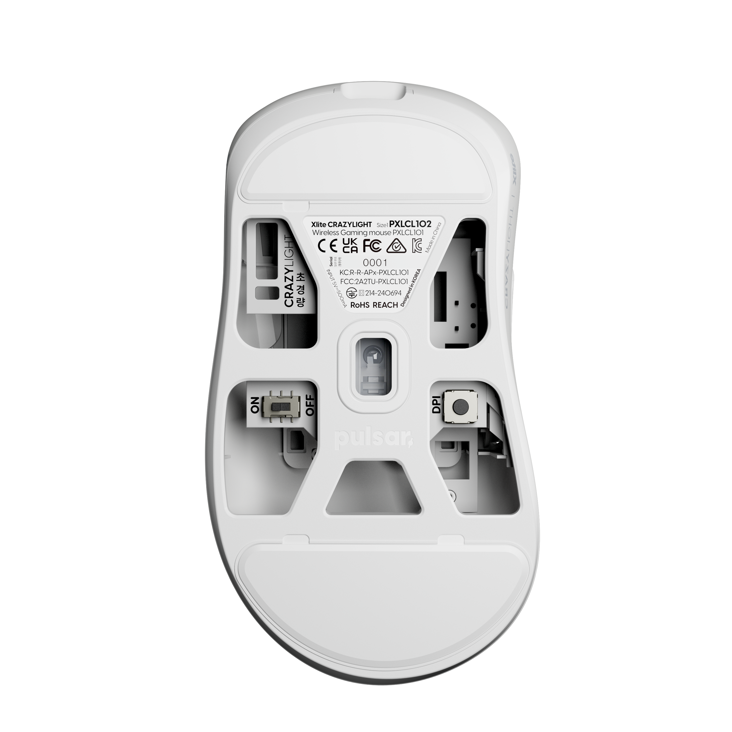 A large main feature product image of EX-DEMO Pulsar Xlite CrazyLight - 43g Ultra-Lightweight 8K Wireless Gaming Mouse (Uyuni White)