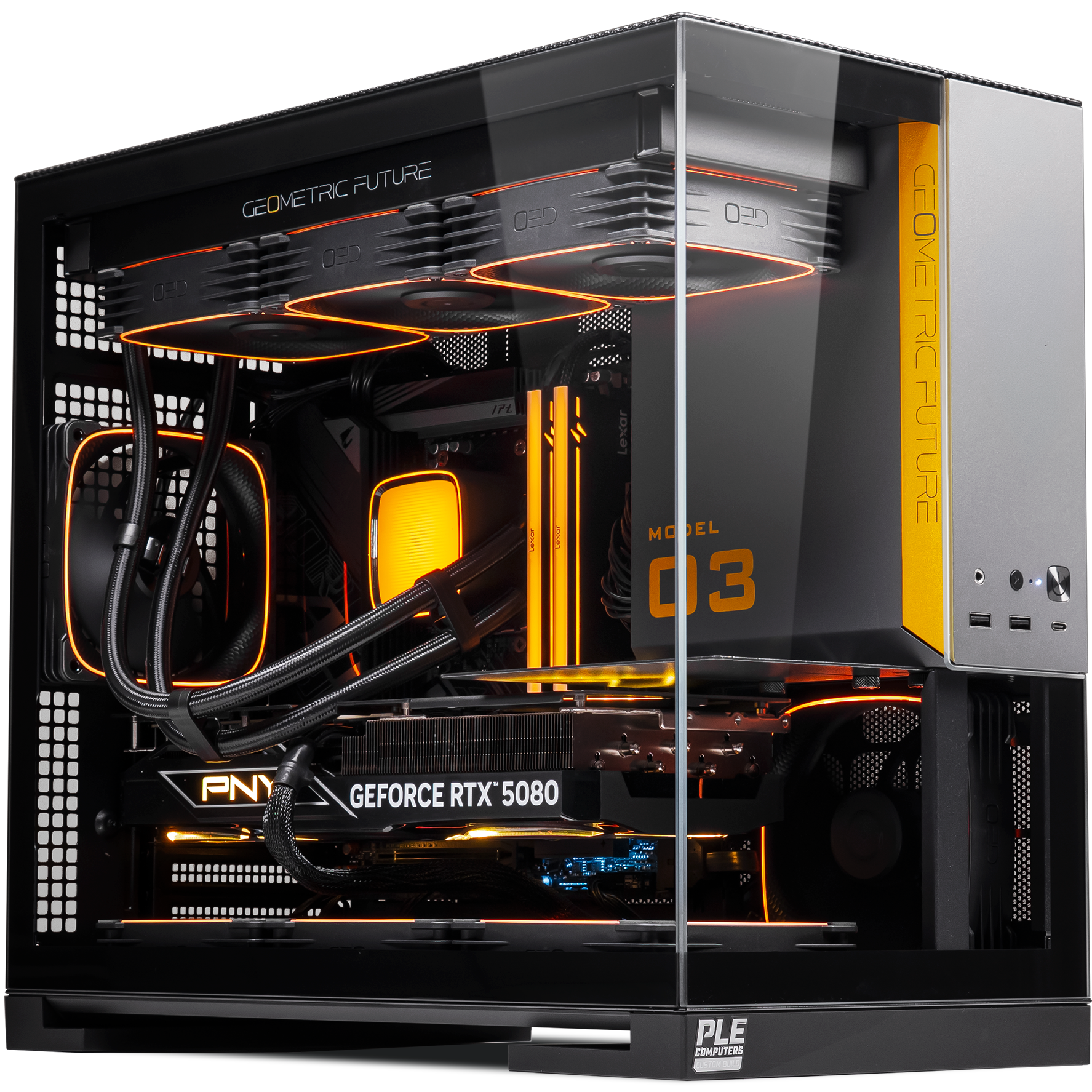 A large main feature product image of PLE Volt RTX 5080 Prebuilt Ready To Go Gaming PC