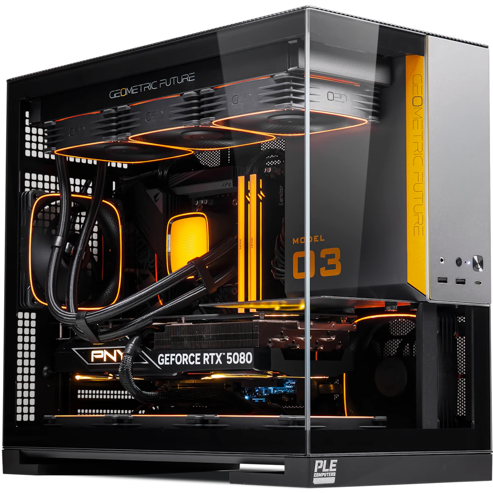 A large main feature product image of PLE Volt RTX 5080 Prebuilt Ready To Go Gaming PC