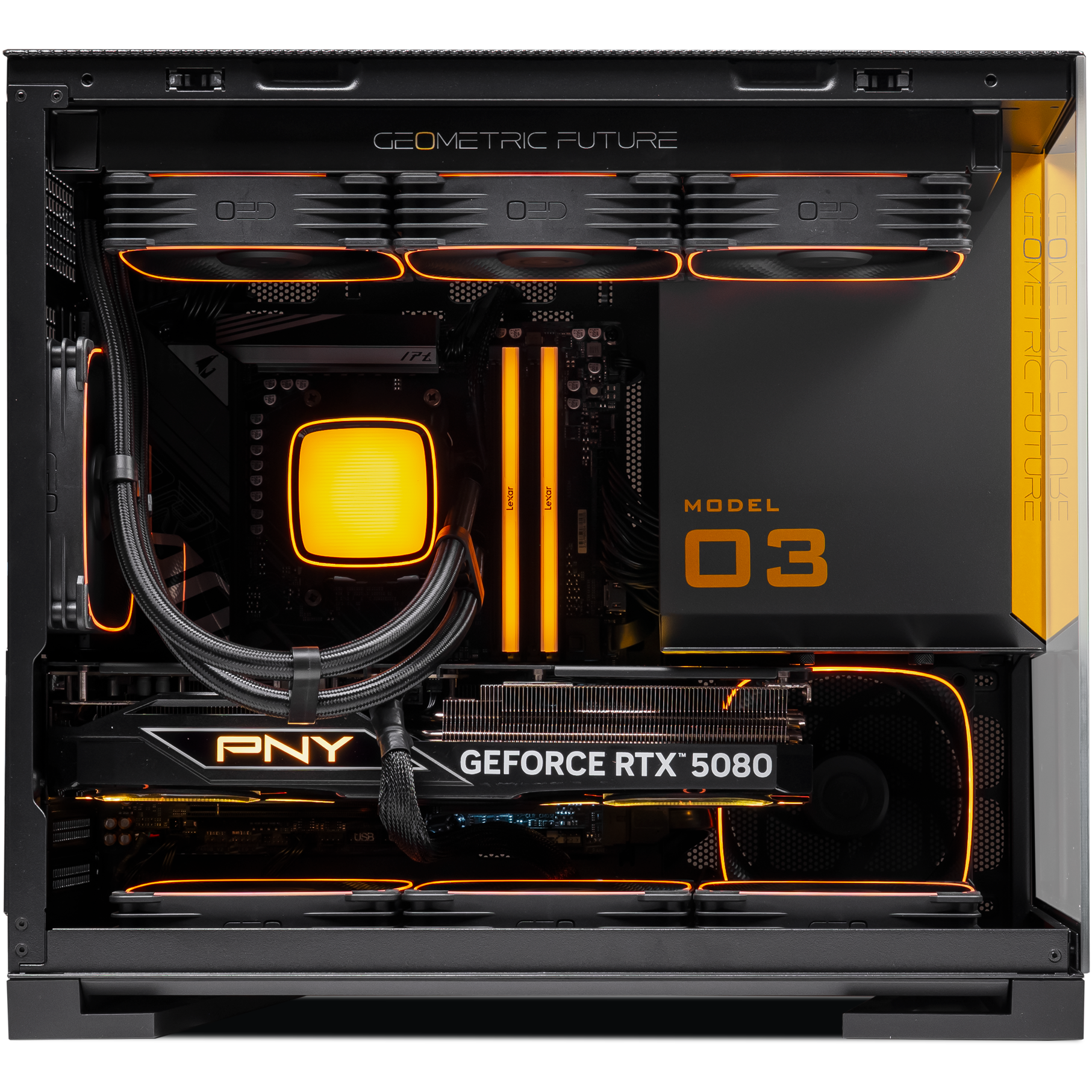 A large main feature product image of PLE Volt RTX 5080 Prebuilt Ready To Go Gaming PC