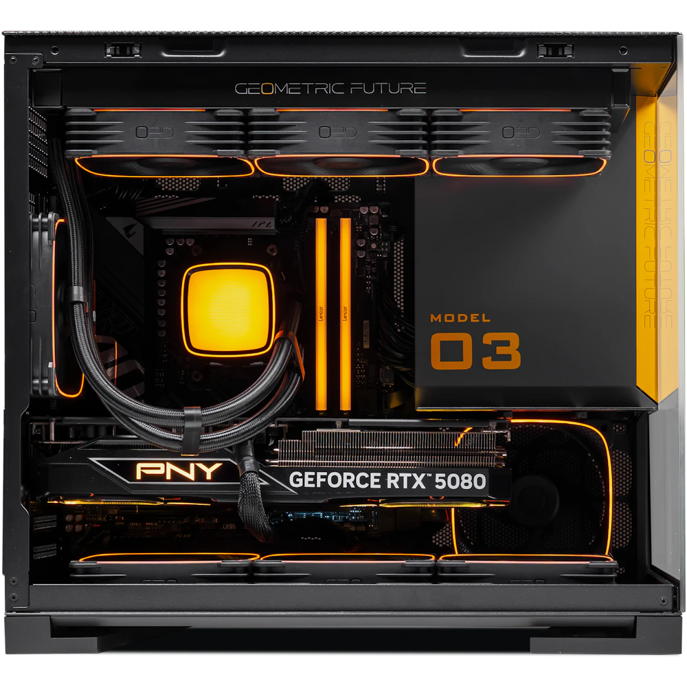 A large main feature product image of PLE Volt RTX 5080 Prebuilt Ready To Go Gaming PC