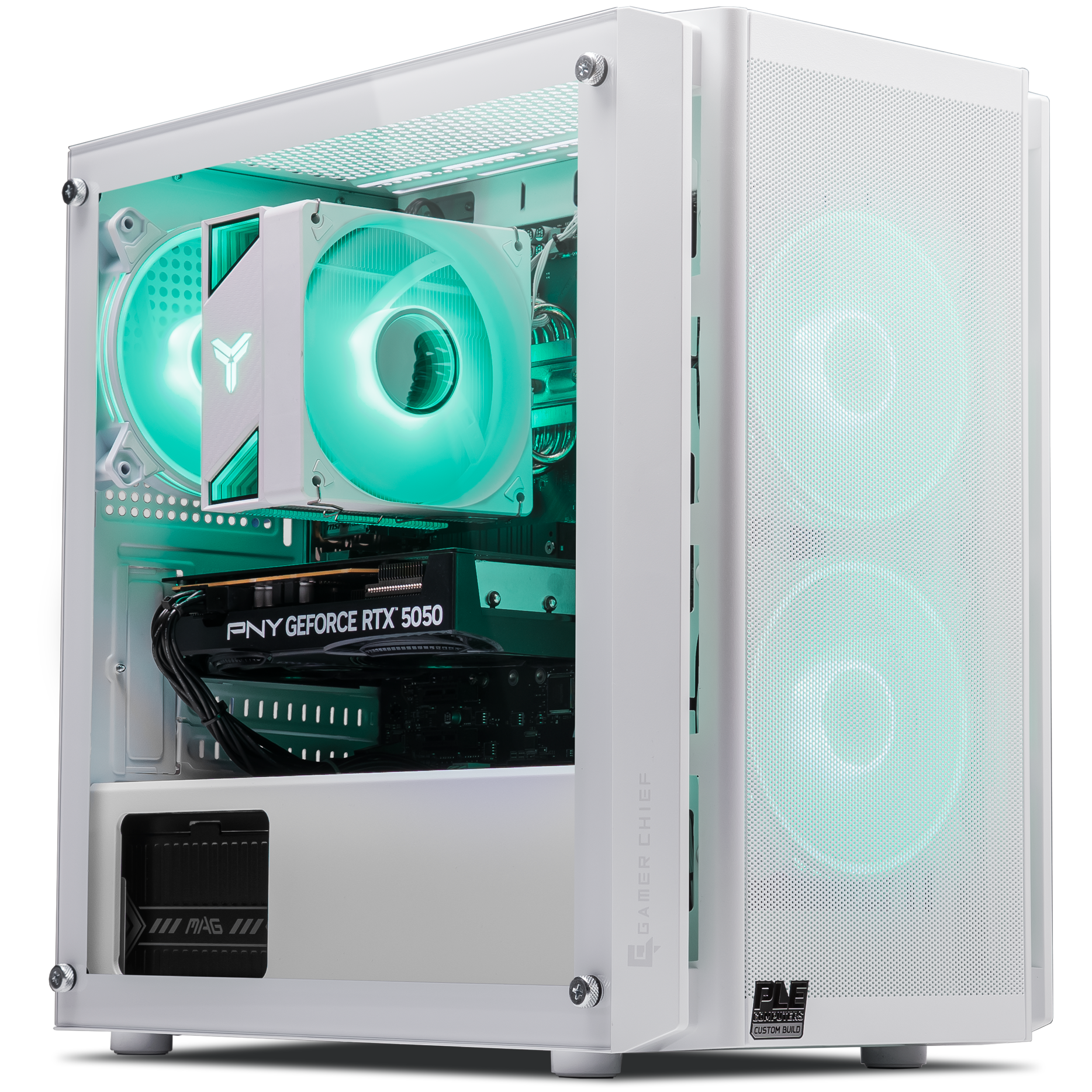 A large main feature product image of PLE Pearl RTX 5050 Prebuilt Ready To Go Gaming PC