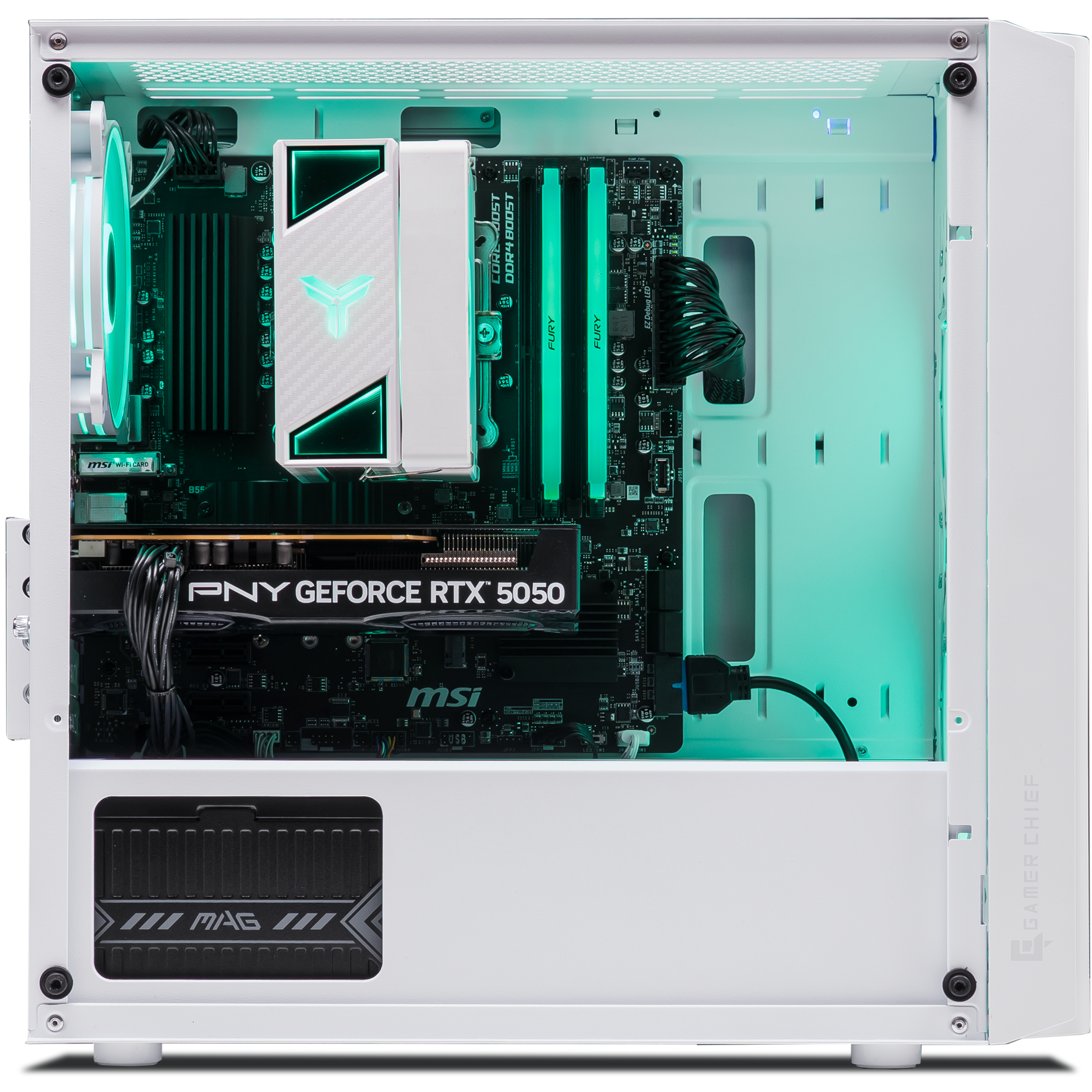A large main feature product image of PLE Pearl RTX 5050 Prebuilt Ready To Go Gaming PC