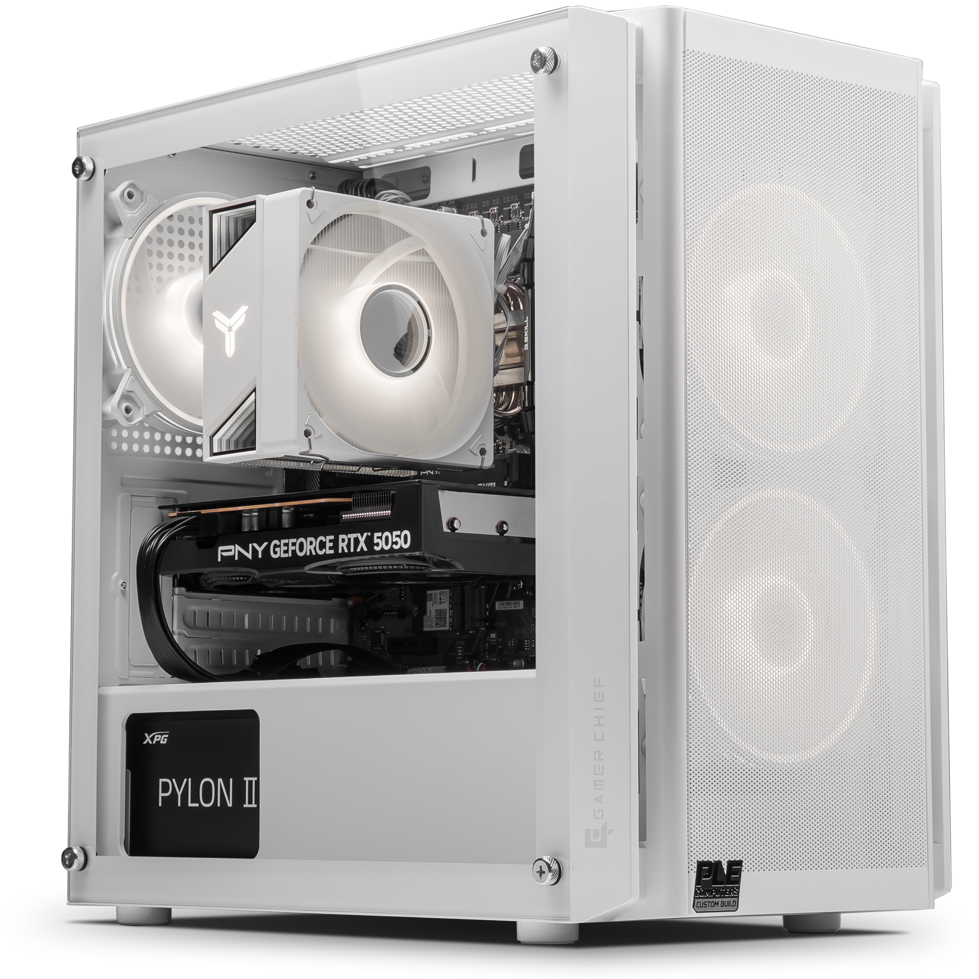 A large main feature product image of PLE Ivory RTX 5050 Prebuilt Ready To Go Gaming PC